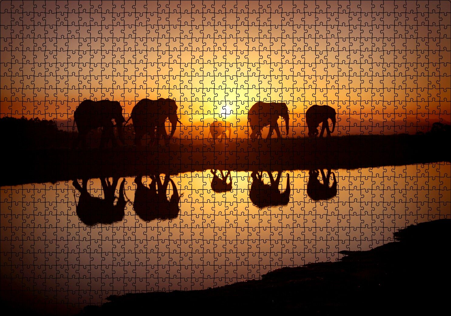 Günbatımında Nehir Kenarındaki Fil Ailesi Puzzle Yapboz MDF Ahşap 1000 Parça 49 cm X 68 cm