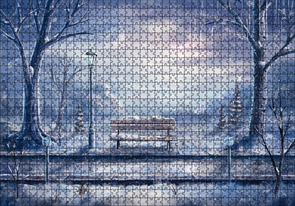 Animasyon Tren Yolu Bank Ağaçlar Kar Görseli Puzzle Yapboz MDF Ahşap 1000 Parça 49 cm X 68 cm