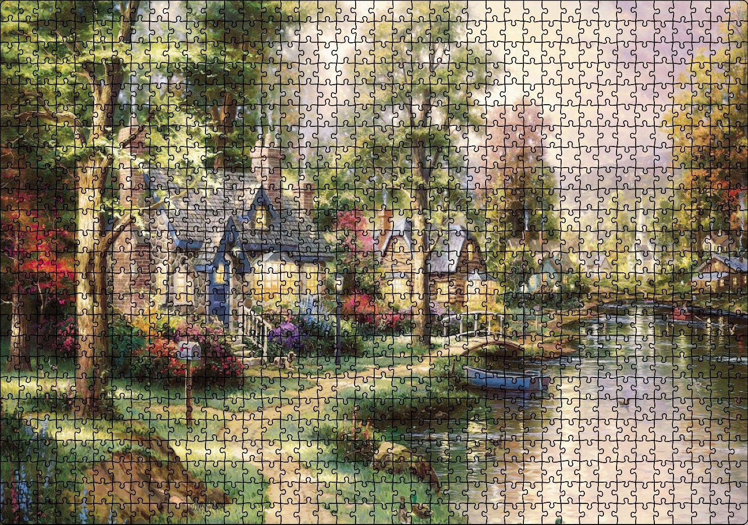 Nehir Boyama Manzara Kahverengi ve Mavi Evler Puzzle Yapboz MDF Ahşap 1000 Parça 49 cm X 68 cm