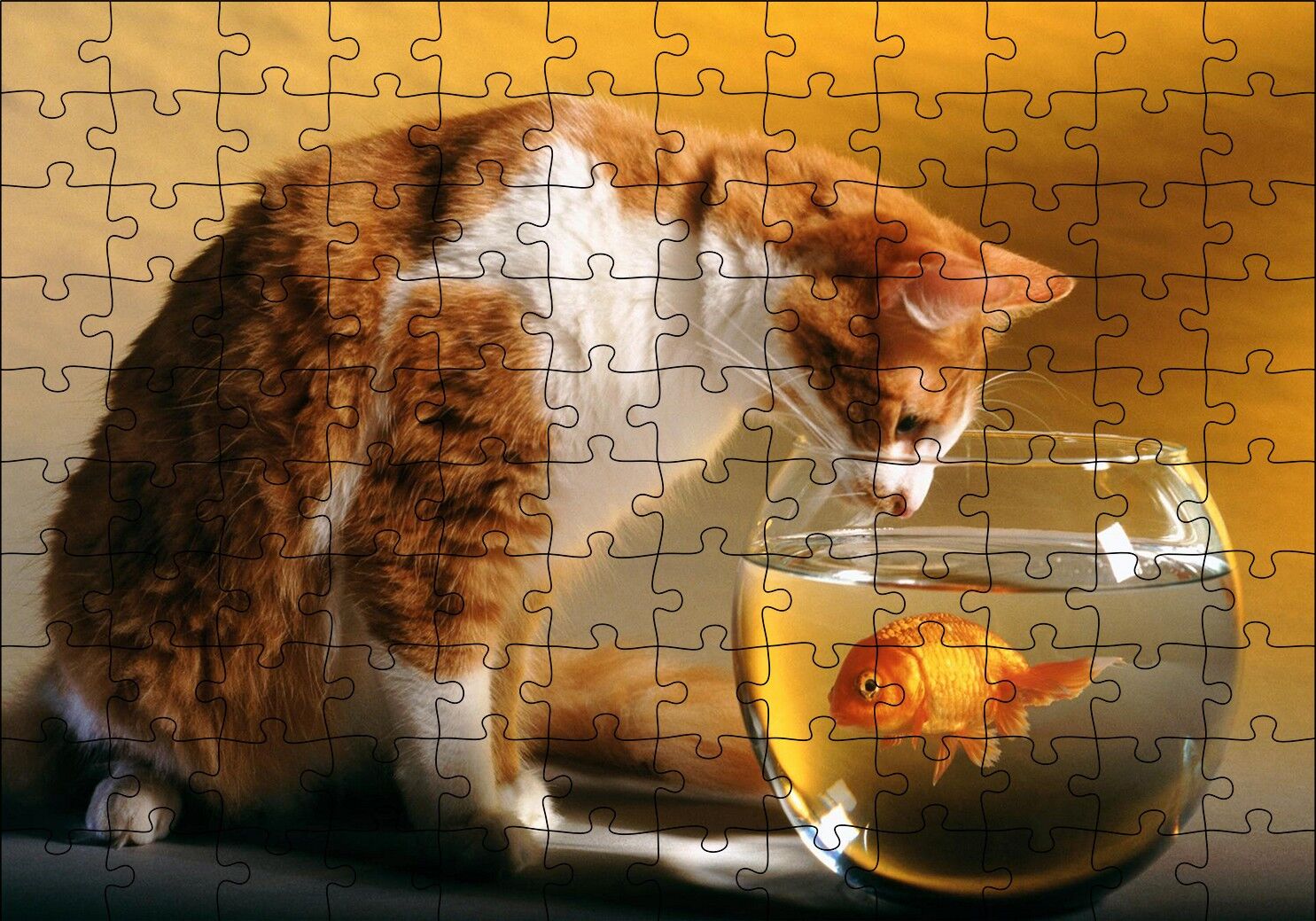Fanustaki Balık ve İzleyen Kedi Puzzle Yapboz MDF Ahşap