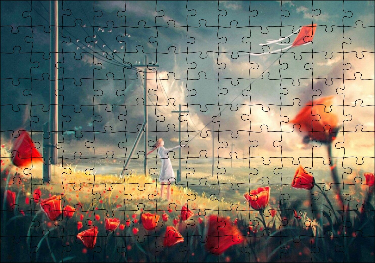 Anime Kız Uçurtmalar Rüzgar Çiçekler Görseli Puzzle Yapboz MDF Ahşap 120 Parça 24 cm X 34 cm