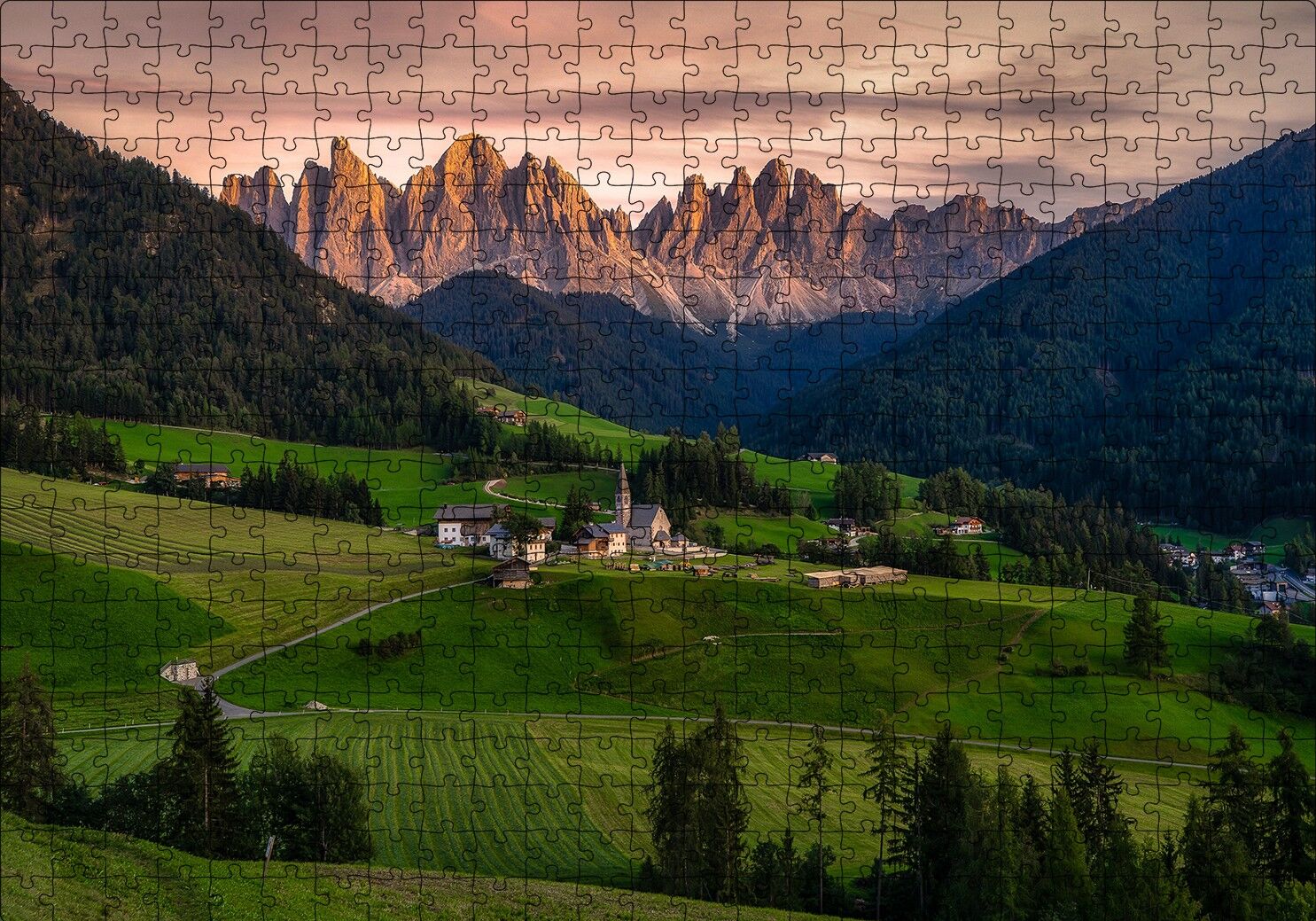 Alplerdeki Kasaba ve Çıplak Zirveler Puzzle Yapboz MDF Ahşap 500 Parça 49 cm X 68 cm