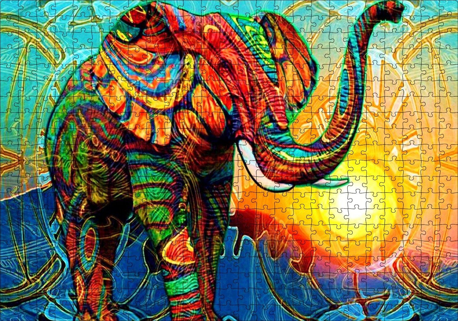 Rengarenk Fil ve Güneş Dijital Çizim Puzzle Yapboz MDF Ahşap 500 Parça 49 cm X 68 cm