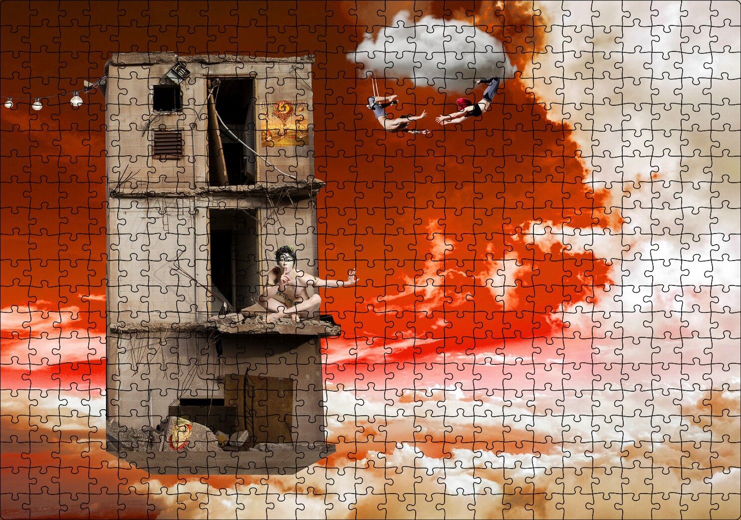 Metruk Bina, Trapezciler ve Bulutlar Puzzle Yapboz MDF Ahşap 500 Parça 49 cm X 68 cm