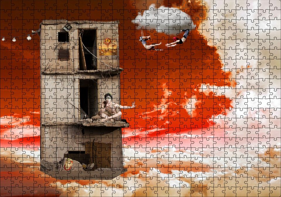 Metruk Bina, Trapezciler ve Bulutlar Puzzle Yapboz MDF Ahşap 500 Parça 49 cm X 68 cm
