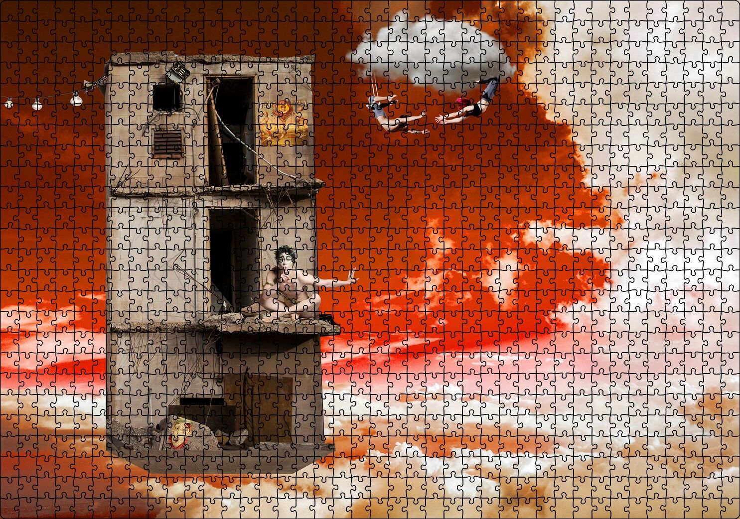 Metruk Bina, Trapezciler ve Bulutlar Puzzle Yapboz MDF Ahşap 1000 Parça 49 cm X 68 cm