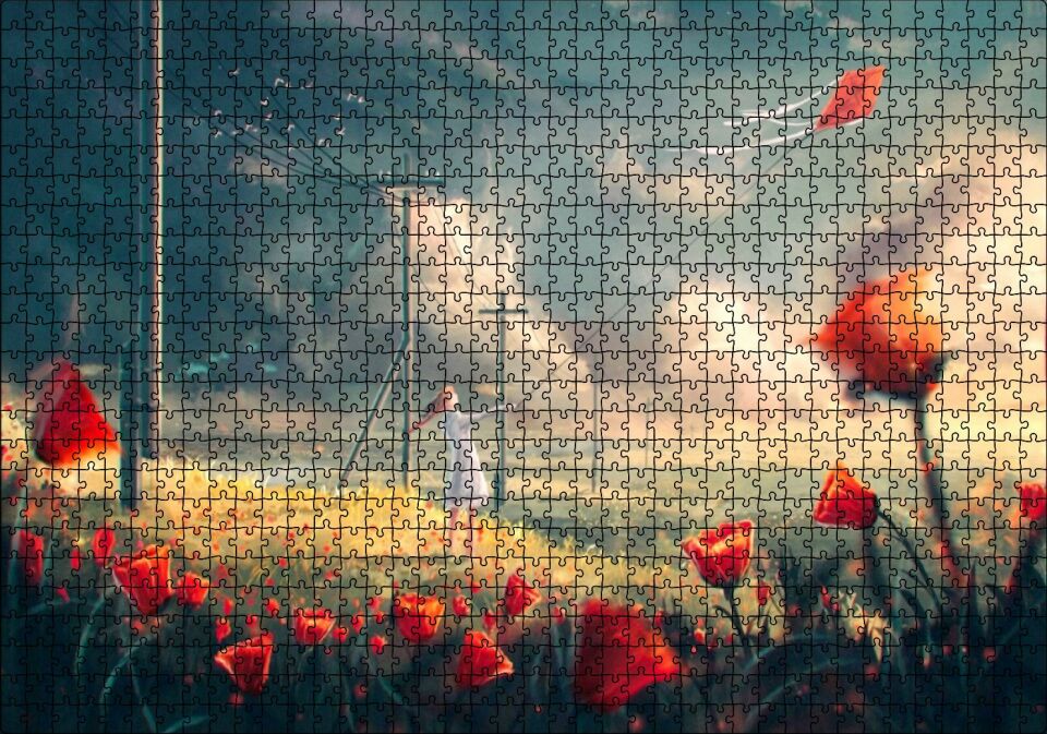 Anime Kız Uçurtmalar Rüzgar Çiçekler Görseli Puzzle Yapboz MDF Ahşap 1000 Parça 49 cm X 68 cm
