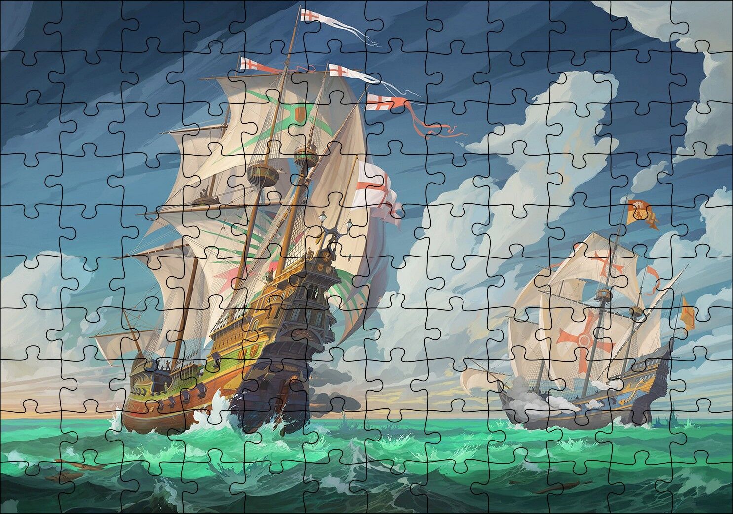 Haçlı Gemileri Dalgalı Deniz ve Bulutlu Gökler Puzzle Yapboz MDF Ahşap 120 Parça 24 cm X 34 cm