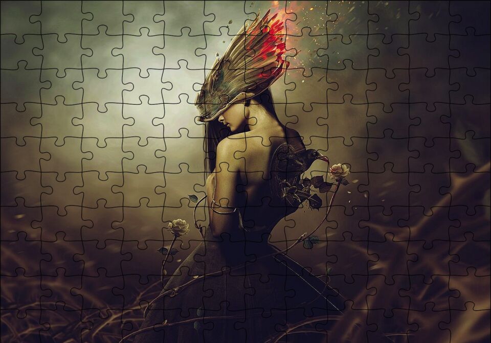 Kadın Karga Kanatlar ve Alevler Kompozisyon Puzzle Yapboz MDF Ahşap
