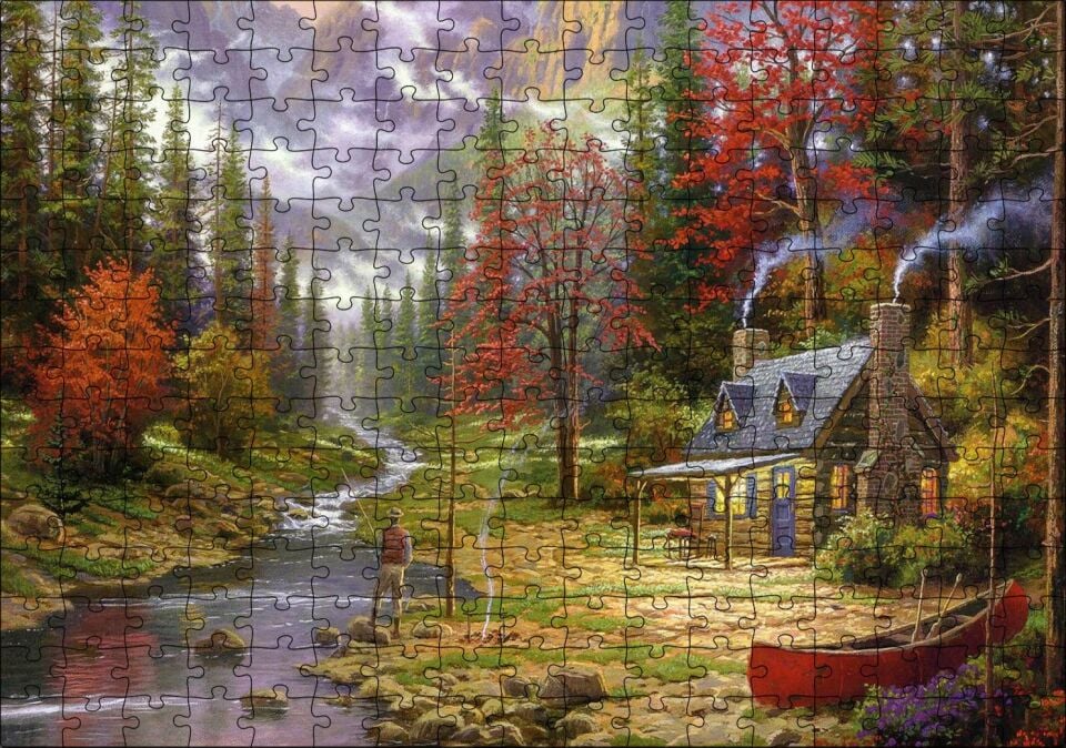 Orman Dere İnsan Ev Görseli Puzzle Yapboz MDF Ahşap 255 Parça 34 cm X 49 cm