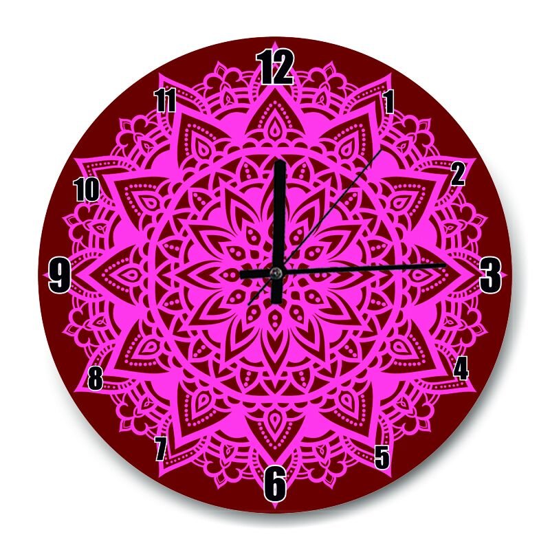 Kırmızı Zeminde Pembe Motifli  Mdf Ahşap Duvar Saati 30 cm Çap