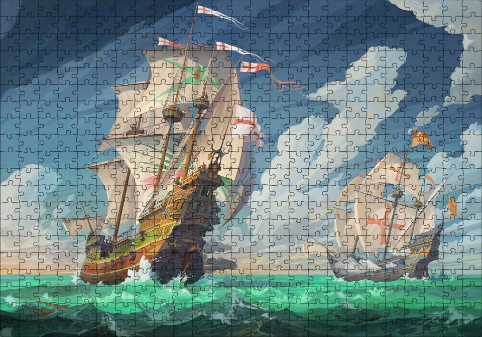 Haçlı Gemileri Dalgalı Deniz ve Bulutlu Gökler Puzzle Yapboz MDF Ahşap 500 Parça 49 cm X 68 cm