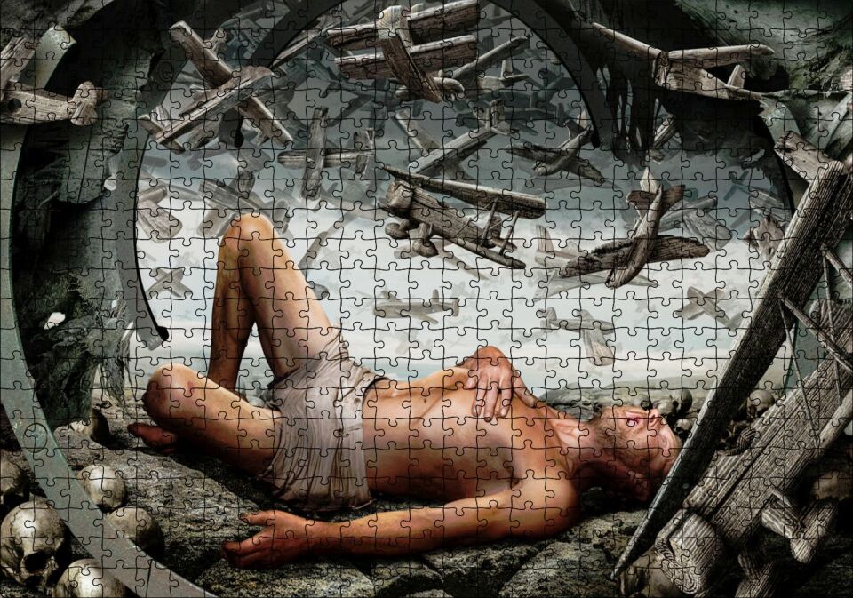 Baygın Adam Kurukafalar ve Uçaklar İllüstrasyon Puzzle Yapboz MDF Ahşap 500 Parça 49 cm X 68 cm