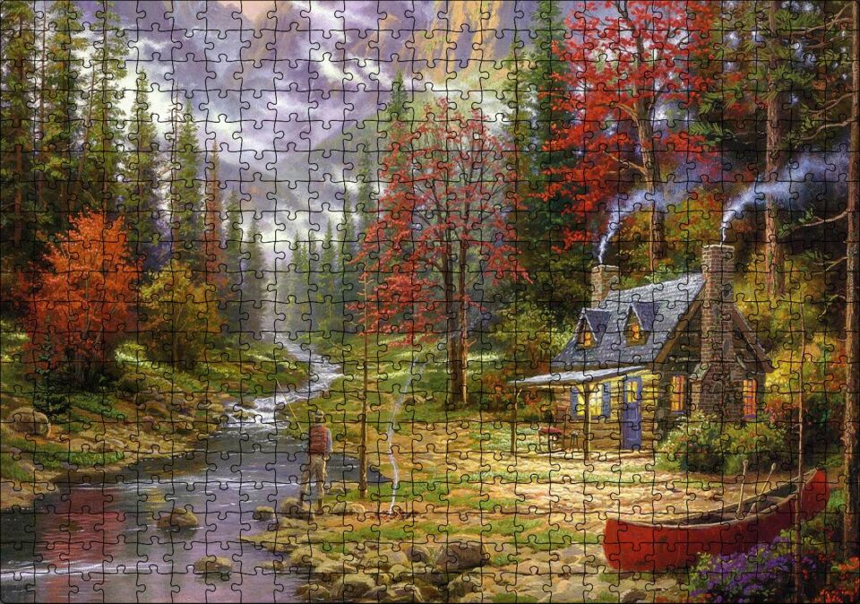 Orman Dere İnsan Ev Görseli Puzzle Yapboz MDF Ahşap 500 Parça 49 cm X 68 cm