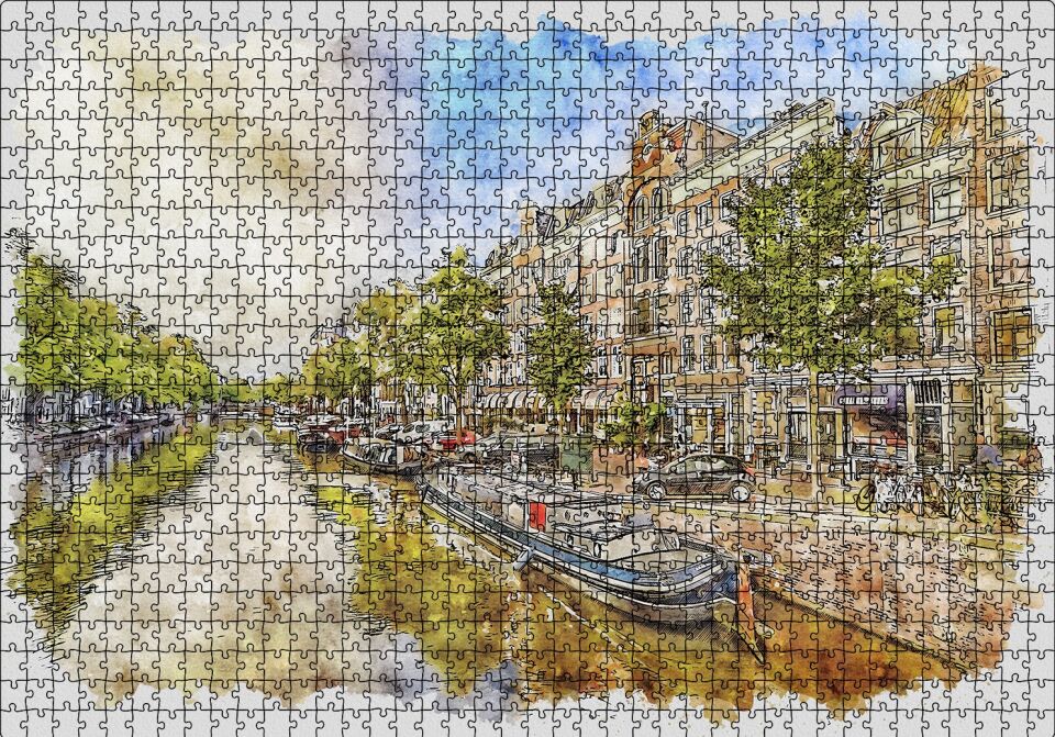 Amsterdam Sulu Boya Resim Puzzle Yapboz MDF Ahşap 1000 Parça 49 cm X 68 cm