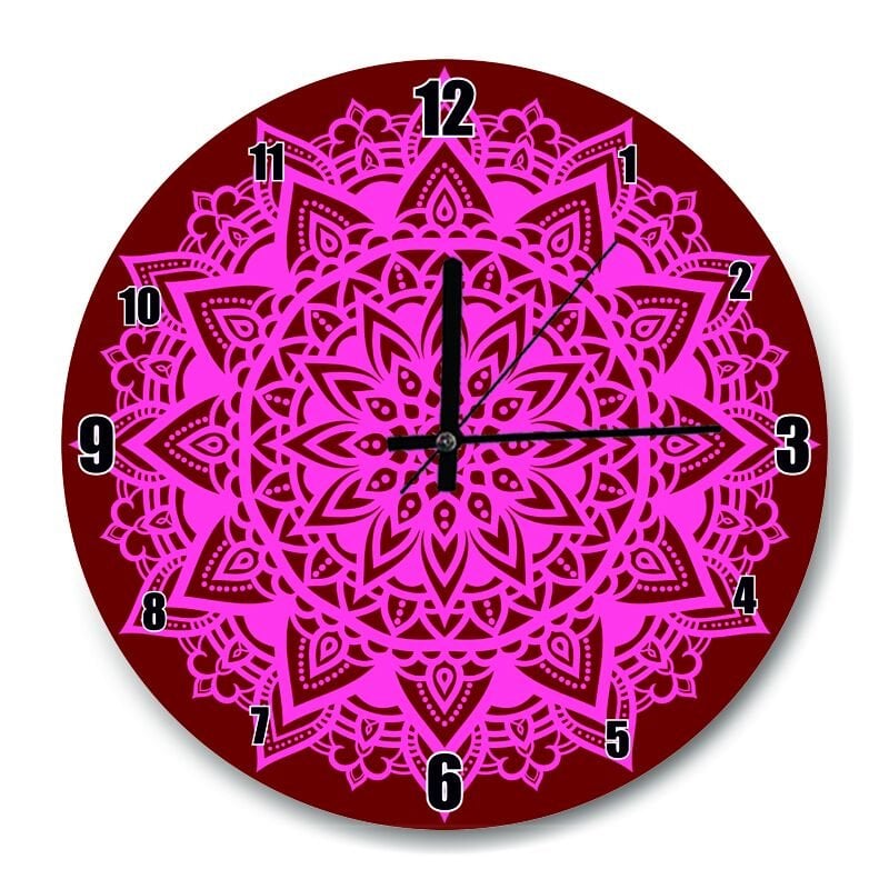 Kırmızı Zeminde Pembe Motifli  Mdf Ahşap Duvar Saati 50 cm Çap