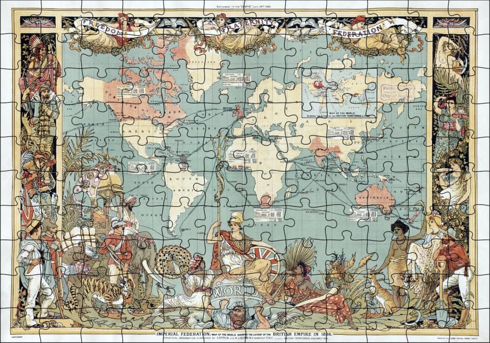 Dünya Haritası ve Bazı Halklar 1886 Yılı Puzzle Yapboz MDF Ahşap