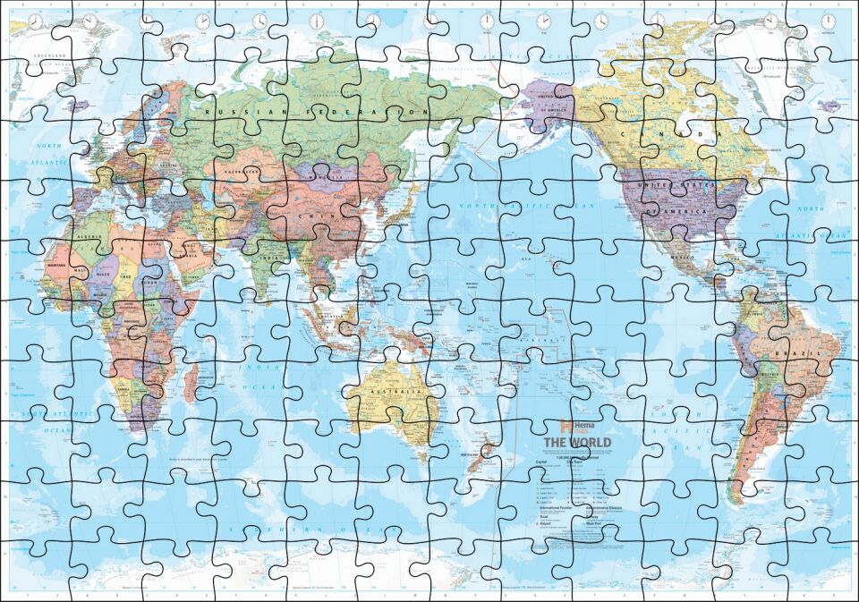 Modern ve Güncel Dünya Haritası Puzzle Yapboz MDF Ahşap 120 Parça 24 cm X 34 cm