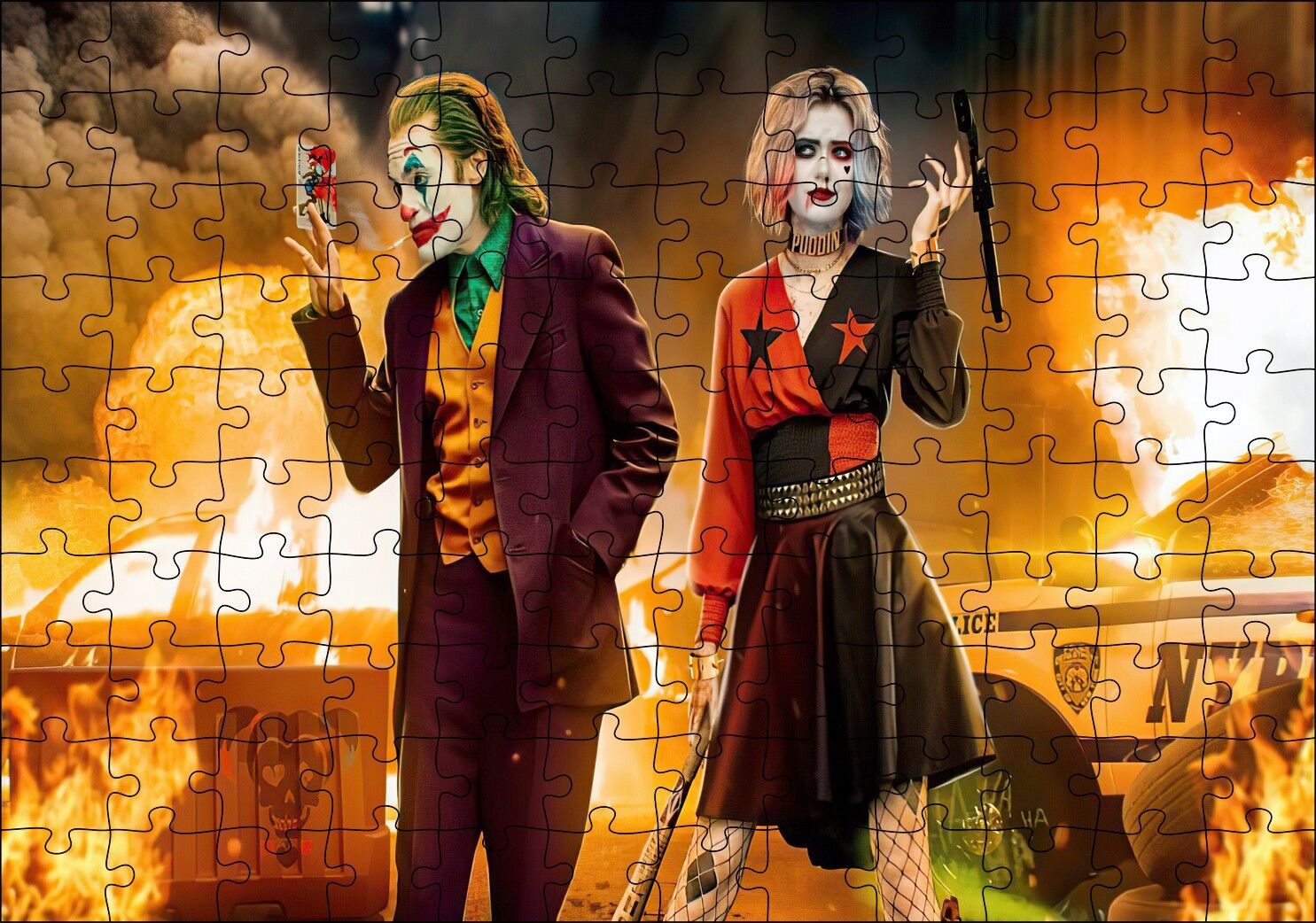 Joker ve Harley Quinn Alevler Arka Plan Puzzle Yapboz MDF Ahşap 120 Parça 24 cm X 34 cm