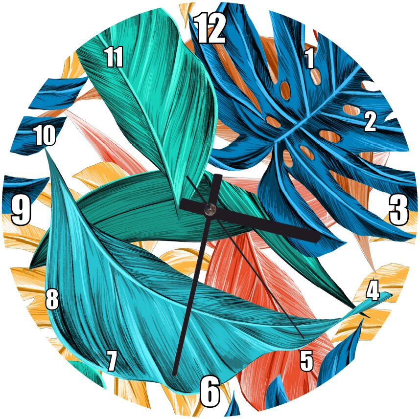 Rengarenk Yapraklar Dijital Çizim Mdf Ahşap Duvar Saati