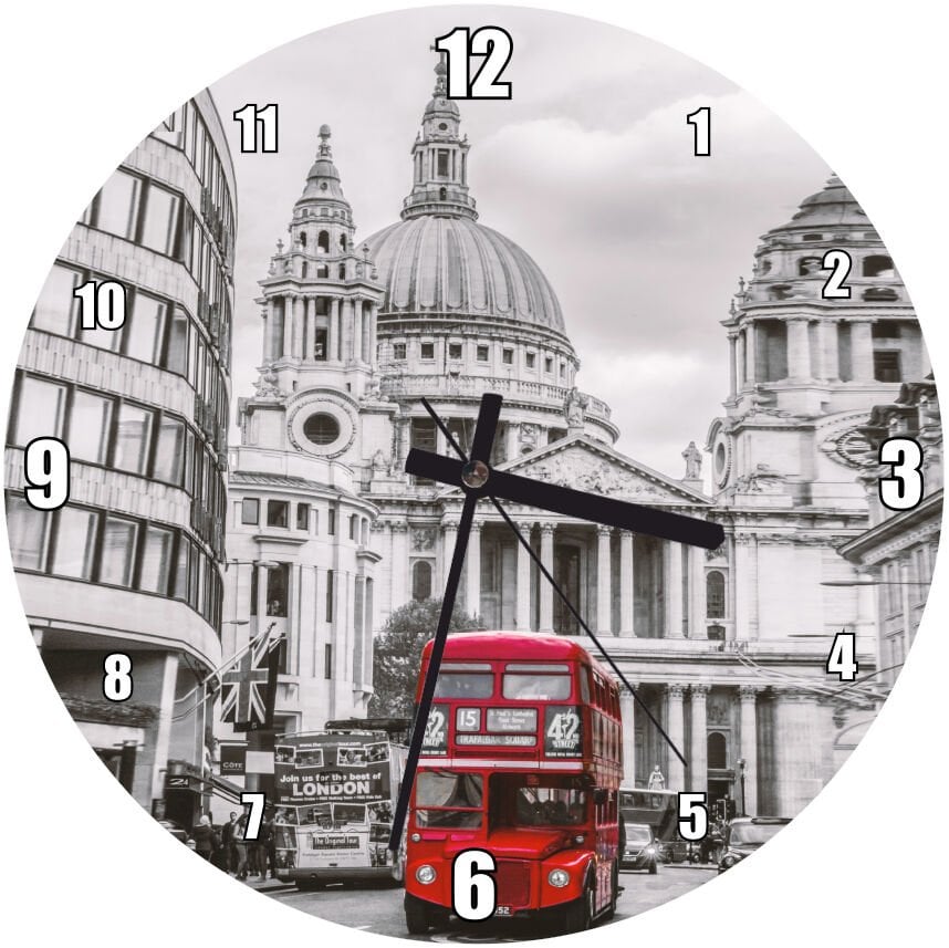 Siyah Beyaz Londra ve Kırmızı Otobüs Mdf Ahşap Duvar Saati