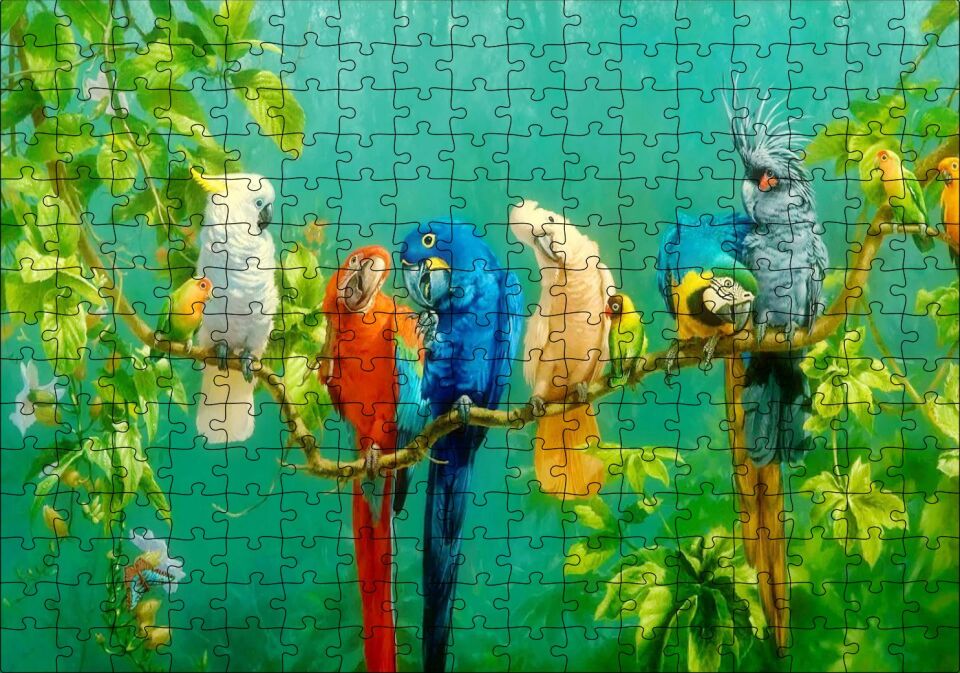 Daldaki Renkli Papğanlar Görseli Puzzle Yapboz MDF Ahşap 255 Parça 34 cm X 49 cm