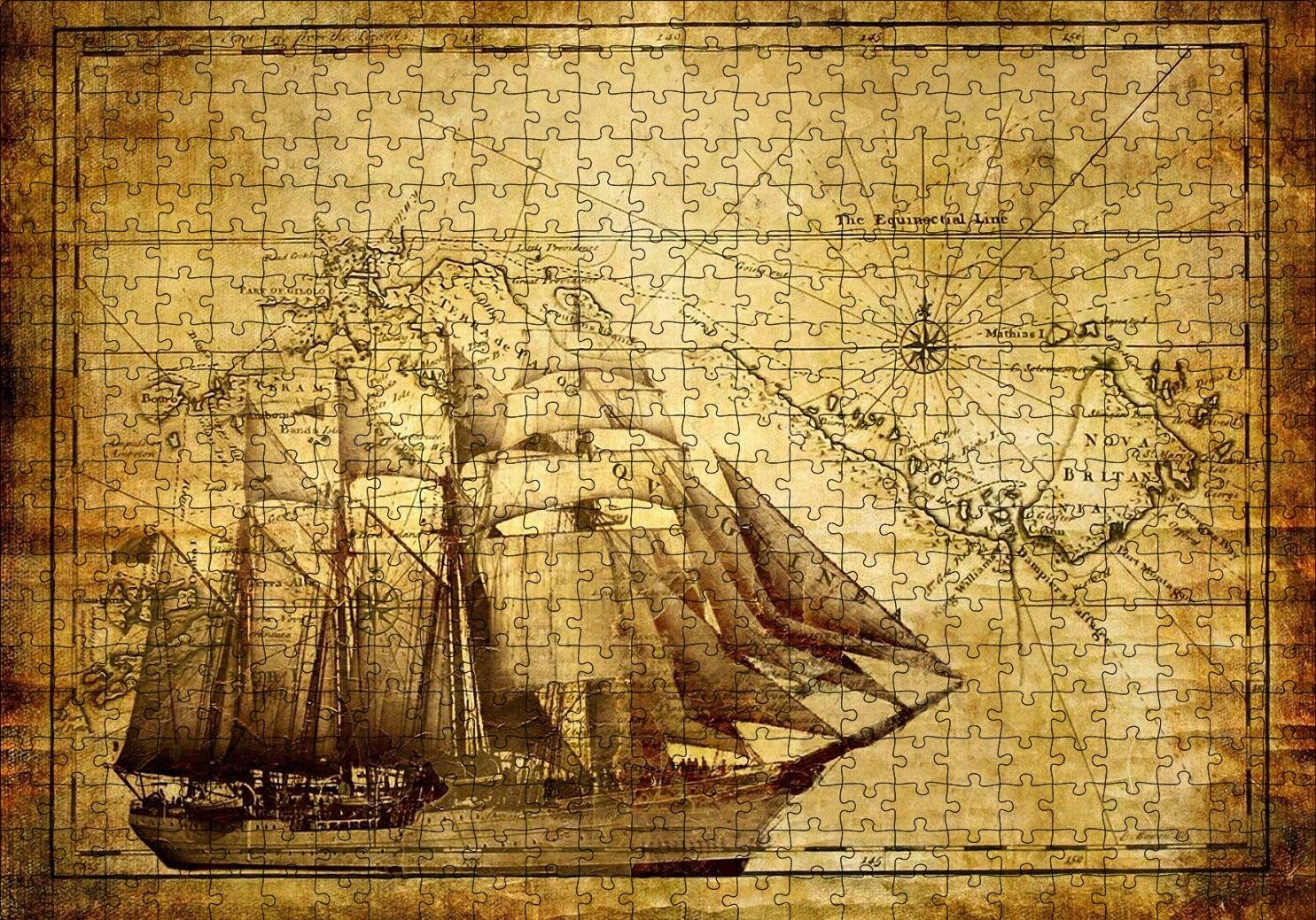 Eski Harita Üzerinde Yelkenli Gemi Puzzle Yapboz MDF Ahşap 500 Parça 49 cm X 68 cm