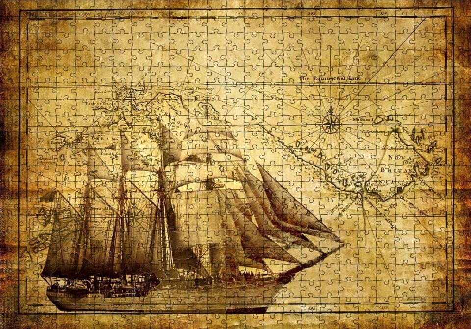 Eski Harita Üzerinde Yelkenli Gemi Puzzle Yapboz MDF Ahşap 500 Parça 49 cm X 68 cm