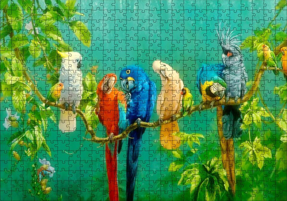 Daldaki Renkli Papğanlar Görseli Puzzle Yapboz MDF Ahşap 500 Parça 49 cm X 68 cm