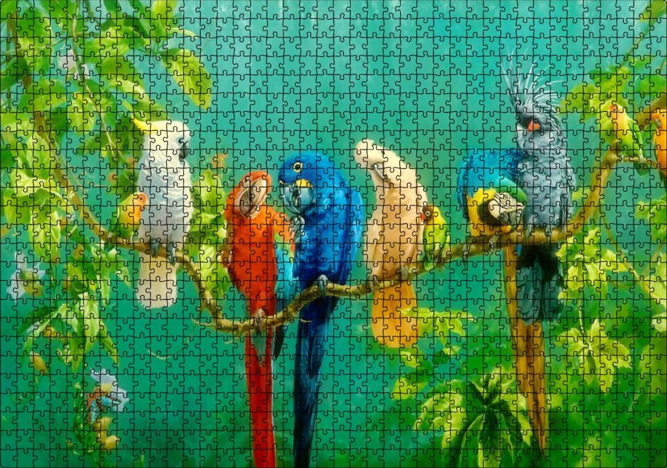 Daldaki Renkli Papğanlar Görseli Puzzle Yapboz MDF Ahşap 1000 Parça 49 cm X 68 cm