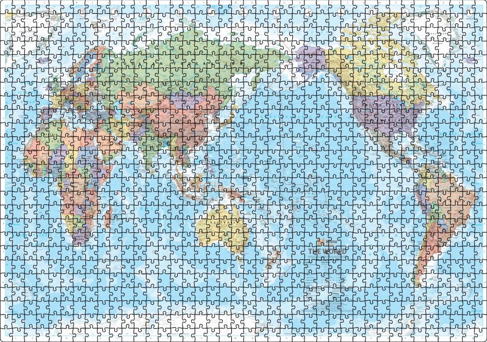 Modern ve Güncel Dünya Haritası Puzzle Yapboz MDF Ahşap 1000 Parça 49 cm X 68 cm