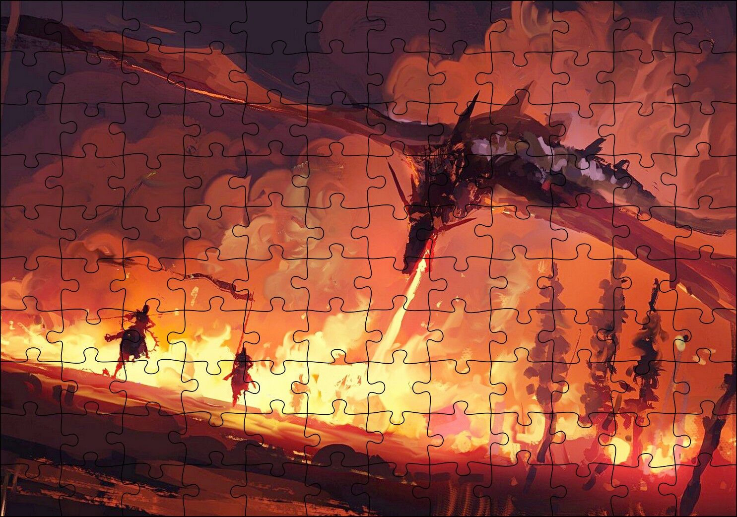 Ejderha Aleviyle Yanan Orman ve Savaşçılar Puzzle Yapboz MDF Ahşap