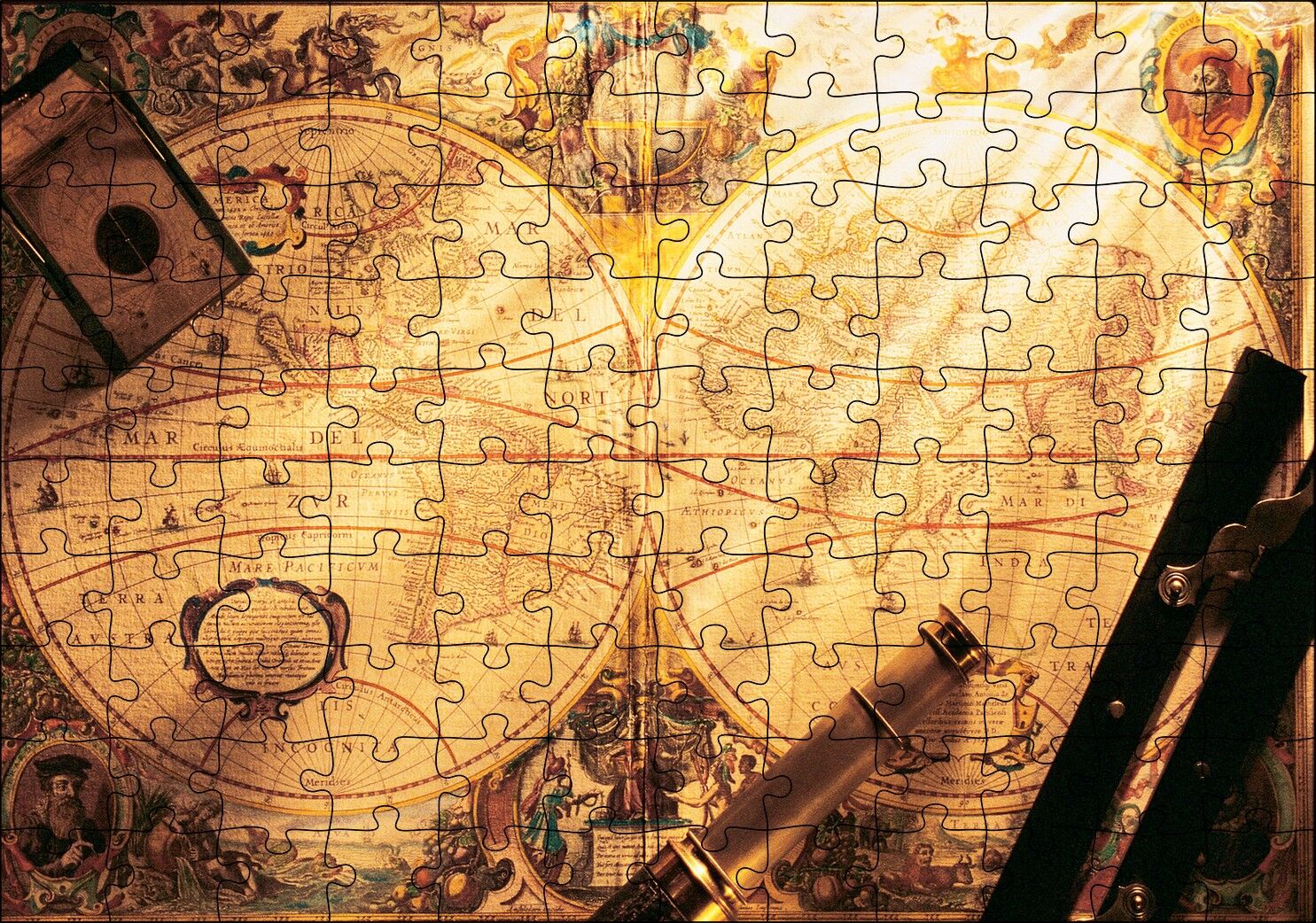 Eski Dünya Haritası Dürbün Pusula ve Usturlab Puzzle Yapboz MDF Ahşap