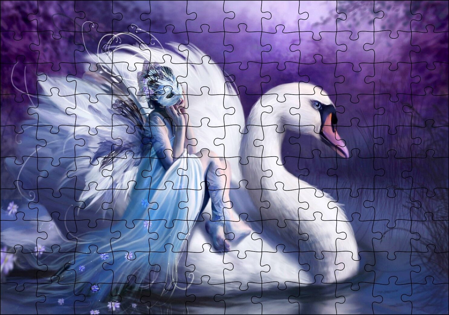 Beyaz Dev Kuğu ve Sırtındaki Maskeli Kadın Puzzle Yapboz MDF Ahşap 120 Parça 24 cm X 34 cm