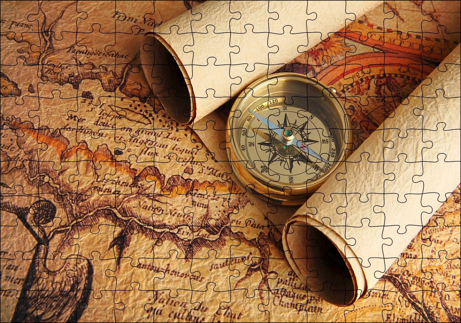 Eski Harita Fermanlar ve Pusula Puzzle Yapboz MDF Ahşap