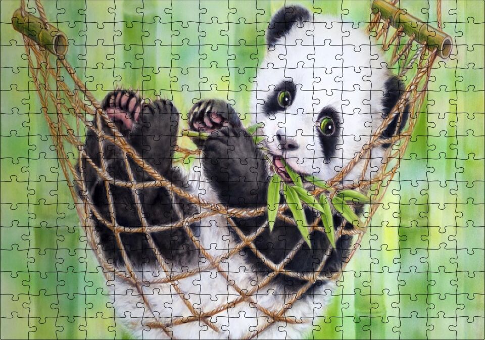Hamakta Dinlenen Panda Dijital Çizim Puzzle Yapboz MDF Ahşap 255 Parça 34 cm X 49 cm