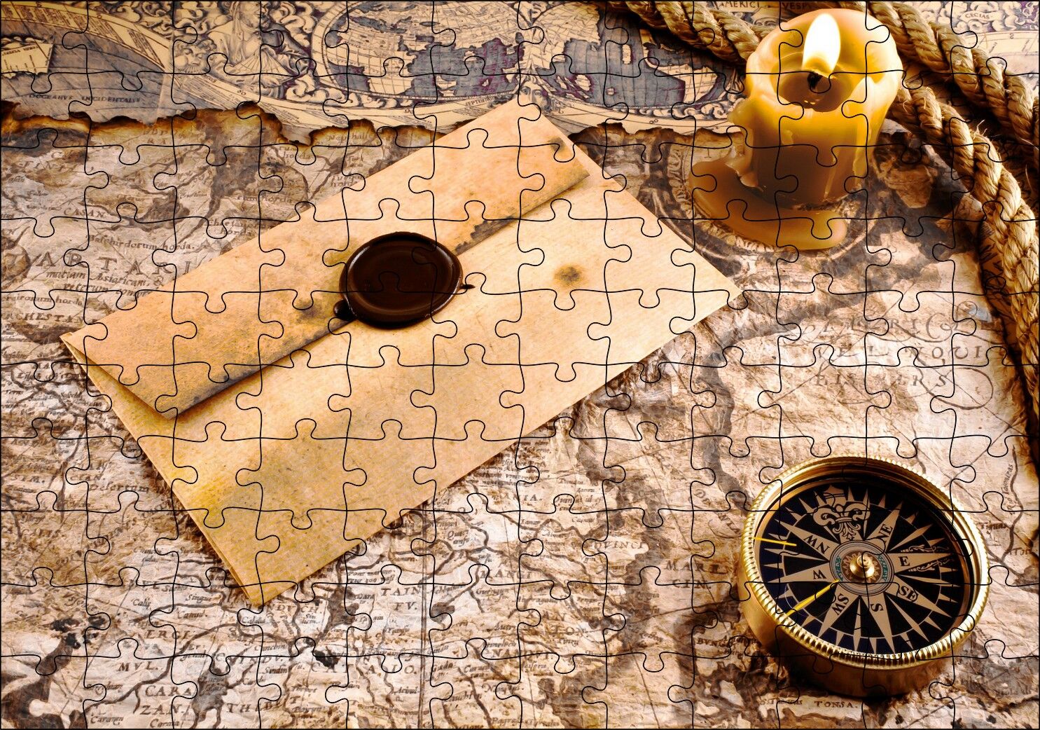 Eski Harita Mühürlü Mektup Mum ve Pusula Puzzle Yapboz MDF Ahşap