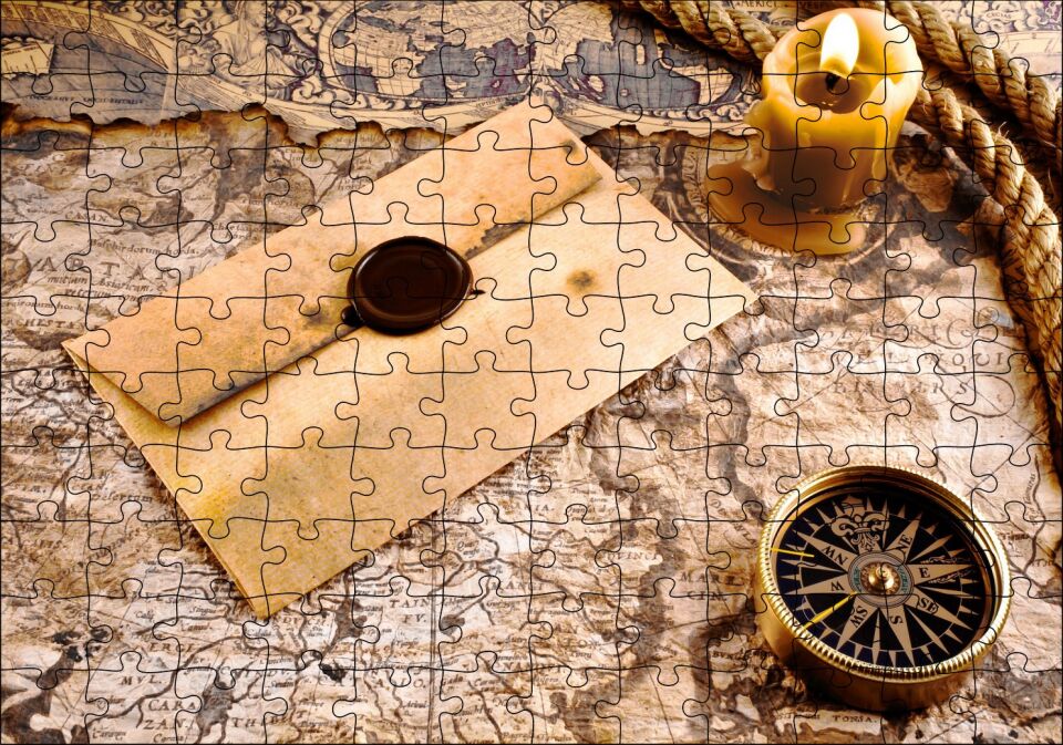 Eski Harita Mühürlü Mektup Mum ve Pusula Puzzle Yapboz MDF Ahşap
