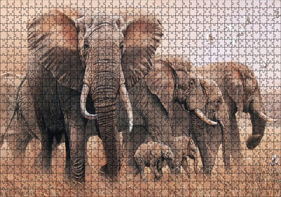 Doğada Fil Ayleleri Kuşlar Görseli Puzzle Yapboz MDF Ahşap 1000 Parça 49 cm X 68 cm