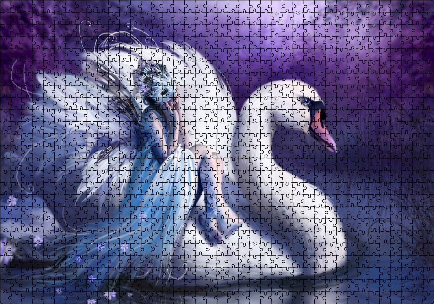Beyaz Dev Kuğu ve Sırtındaki Maskeli Kadın Puzzle Yapboz MDF Ahşap 1000 Parça 49 cm X 68 cm