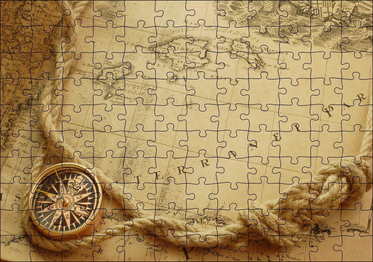 Eski Harita, Keten Halat ve Pusula Puzzle Yapboz MDF Ahşap