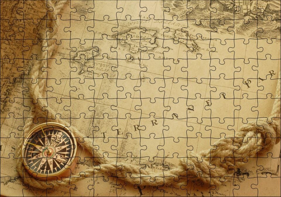 Eski Harita, Keten Halat ve Pusula Puzzle Yapboz MDF Ahşap