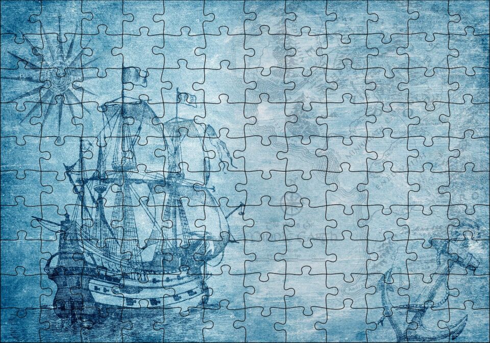 Orta Dünya Haritası ve Yelkenli Gemi Puzzle Yapboz MDF Ahşap 120 Parça 24 cm X 34 cm