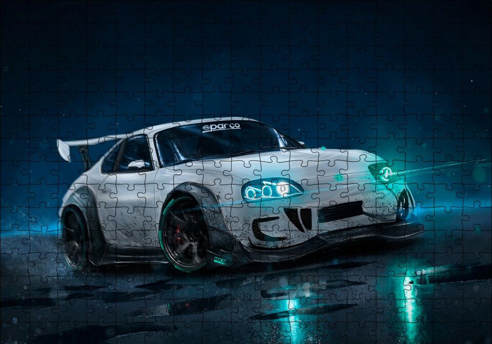 Beyaz Toyota Supra Drift Puzzle Yapboz MDF Ahşap 255 Parça 34 cm X 49 cm