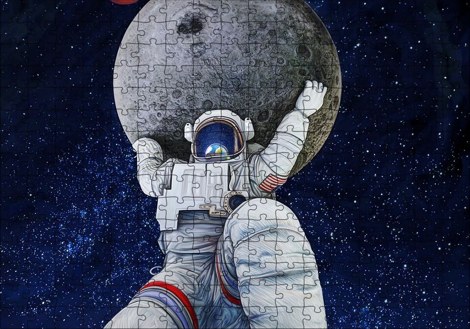 Ayı Taşıyan Astronot İllüstrasyon Puzzle Yapboz MDF Ahşap 255 Parça 34 cm X 49 cm