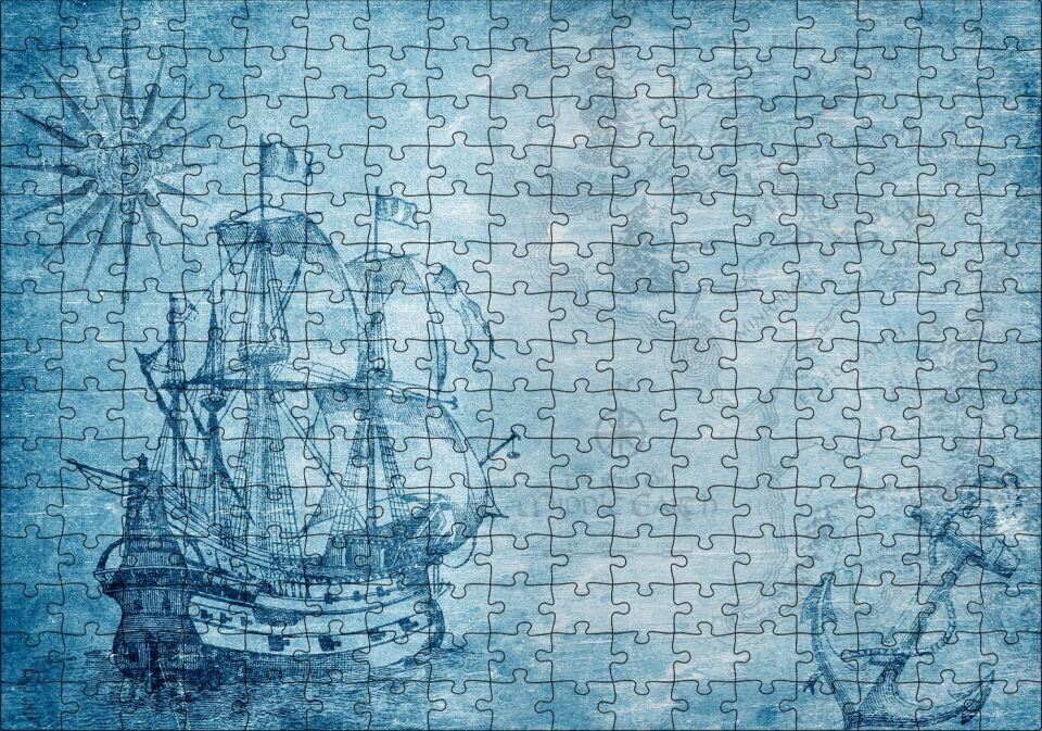 Orta Dünya Haritası ve Yelkenli Gemi Puzzle Yapboz MDF Ahşap 255 Parça 34 cm X 49 cm