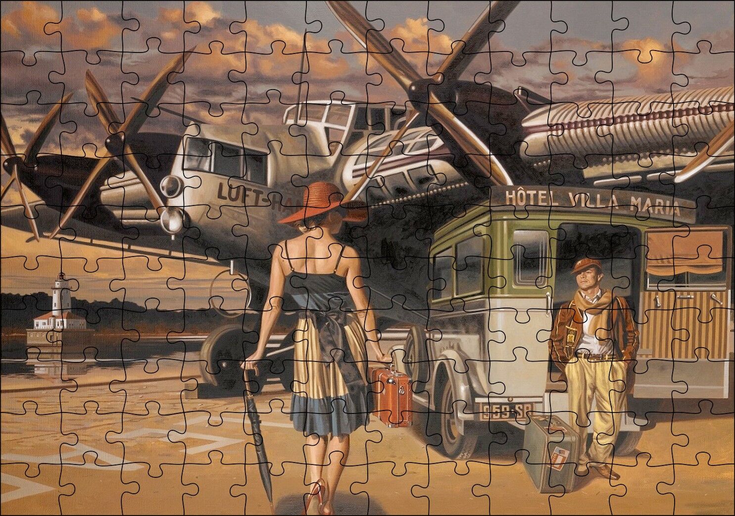 Eski Uçak Deniz Feneri ve Genç Kadın Yolcu Puzzle Yapboz MDF Ahşap