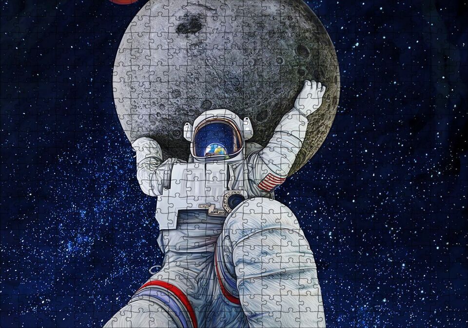 Ayı Taşıyan Astronot İllüstrasyon Puzzle Yapboz MDF Ahşap 500 Parça 49 cm X 68 cm