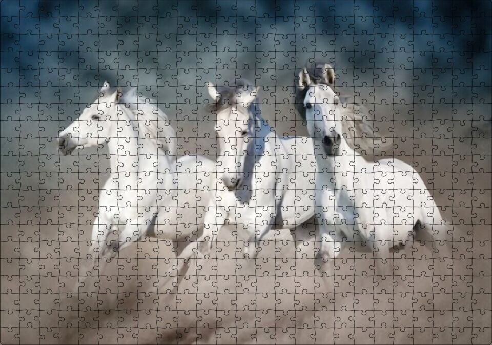 Doğada Koşan Üçlü Beyaz Atlar Görseli Puzzle Yapboz MDF Ahşap 500 Parça 49 cm X 68 cm