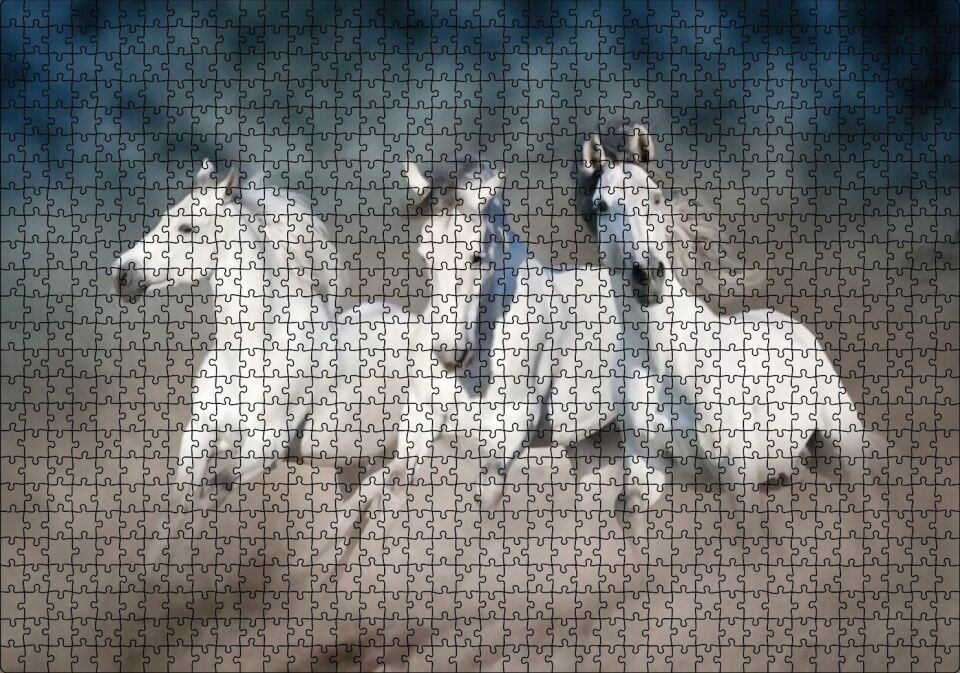 Doğada Koşan Üçlü Beyaz Atlar Görseli Puzzle Yapboz MDF Ahşap 1000 Parça 49 cm X 68 cm
